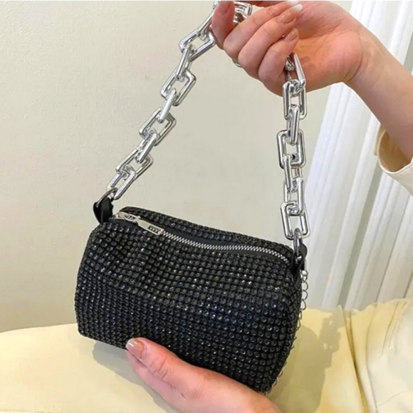 #R New Woman's Chain Rhinestone Mini Barrel Crossbody Purse Black Y2K Style - Picture 10 of 12